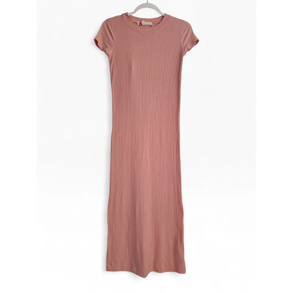 Free People FP Beach Ribbed Stretch Midi Dress XS Pink Short Sleeve Bodycon USA